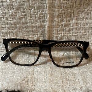 Authentic CHANEL havana Glasses with Gold Chain Accent 3302 c.714